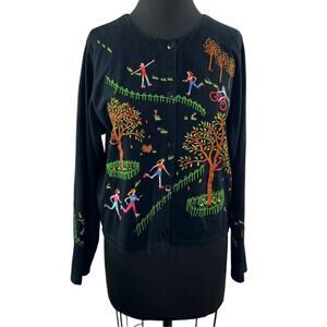 VINTAGE Michael Simon Black Button Down Long Sleeve "Park" Embroidered Top L